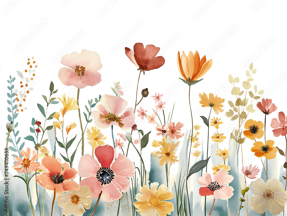 Watercolor floral arrangement with bohemian flowers on white background