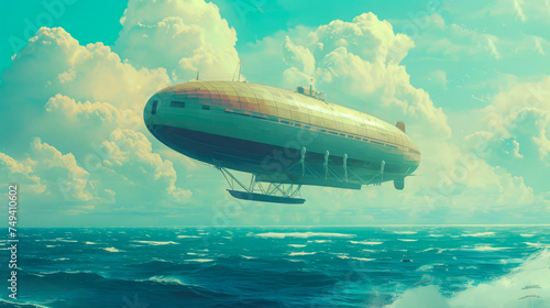 Aerial Adventure  Digital Painting of a Zeppelin Journeying Across the Ocean