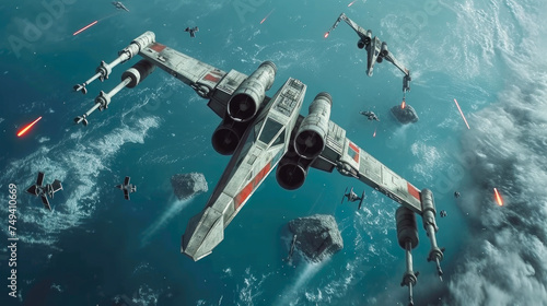 Fototapeta Naklejka Na Ścianę i Meble -  Nebula Dogfight: Epic X-Wing Space Battle in Blue Celestial Domain
