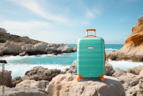 Modern suitcase with wheels on sandy beach by sea  perfect for travel and tourism concept