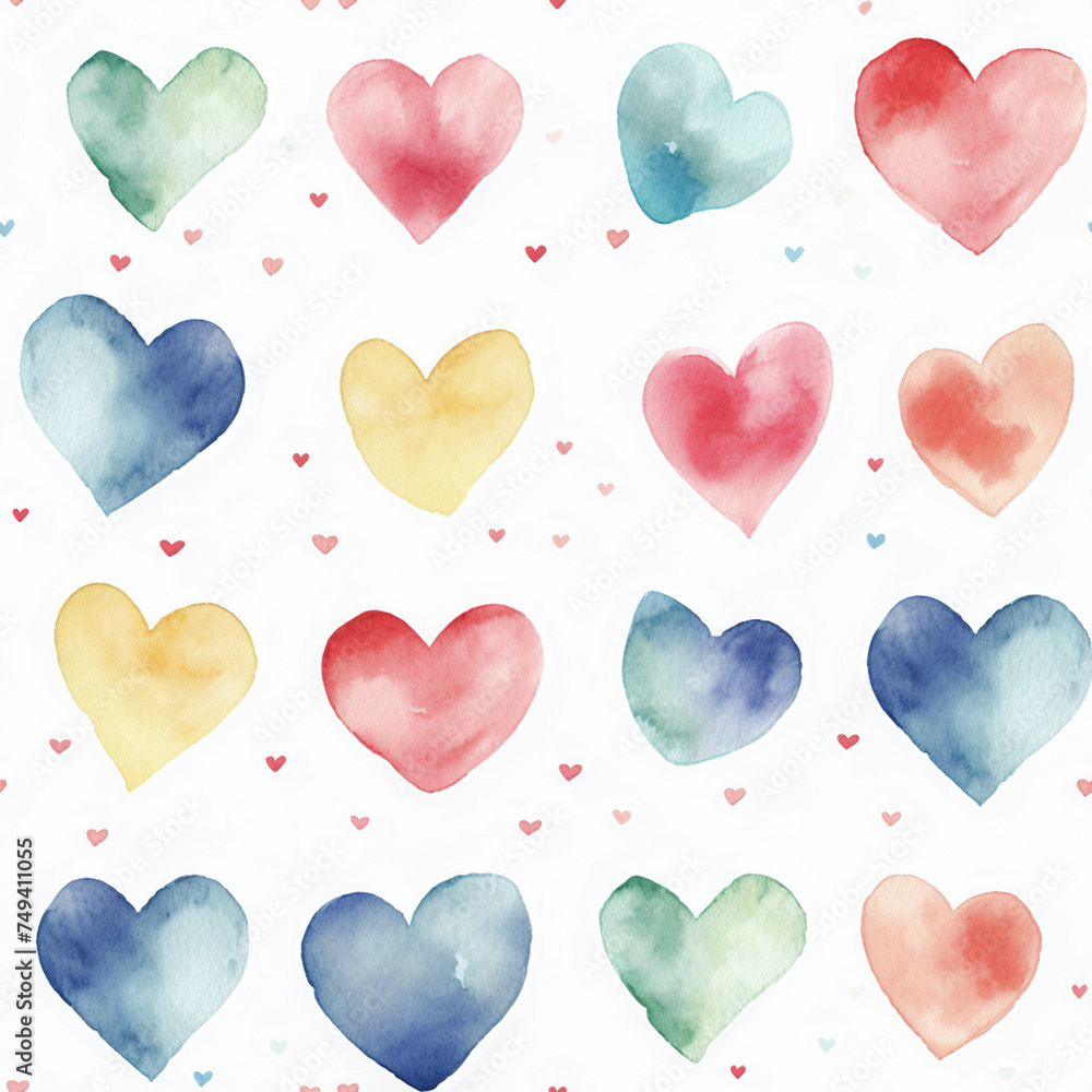 Hearts of different colors on a white background. Seamless pattern.