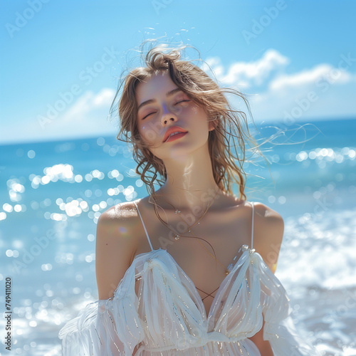 Perfect summer day with a gorgeous woman on the beach, sea and sand glistenin photo