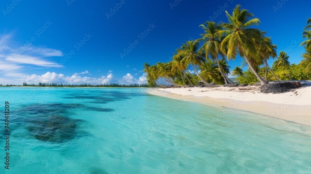 Tropical beach with palm trees and serene lagoon, relaxing vacation destination image
