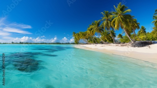 Tropical beach with palm trees and serene lagoon, relaxing vacation destination image © Ksenia Belyaeva