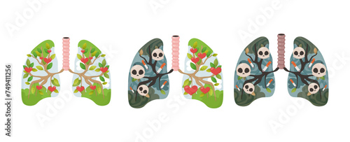 smoker's lungs, no tobacco day, giving up bad habits . lungs with green and with cigarette skulls