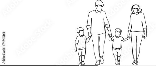 continuous single line drawing of parents with two young boys walking hand in hand, line art vector illustration