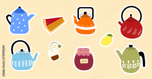Teapots, kettles, jam, pie, cake, stickers set. Stickers collection of hand drawn teapots on isolated background, flat style.