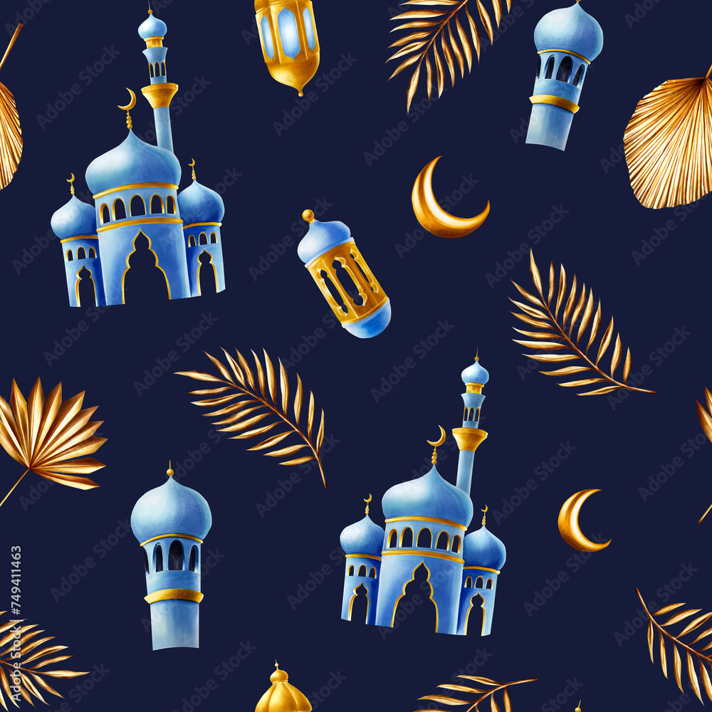 Watercolor seamless pattern with Islamic mosque and minaret, golden pampas grass, date palm branch, gold moon and lamps illustrations isolated on white background. Botanical, wedding and Ramadan 