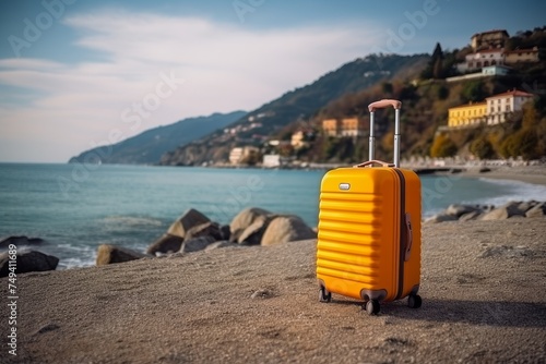 Vibrant modern suitcase with wheels on beach by the sea, travel and tourism concept © Ksenia Belyaeva