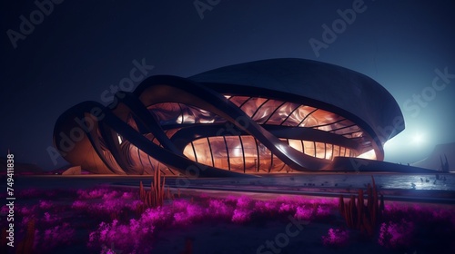 Futuristic architecture. Modern building in geometric style at night.