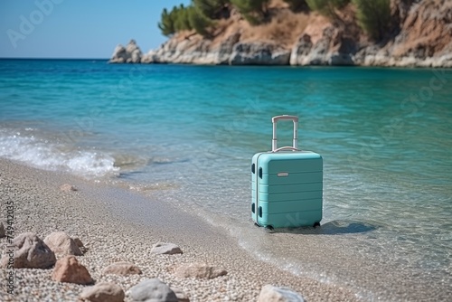 Modern vibrant suitcase with wheels on beach, space for text, travel, tourism, adventure, relaxation © Ksenia Belyaeva