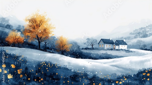 Winter rural landscape, illustration in a simple style 