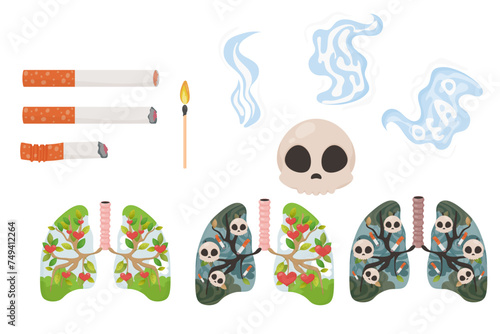Set harm of smoking, day no tobacco, skull, cigarettes, lungs, smoke. Vector illustration on white background.