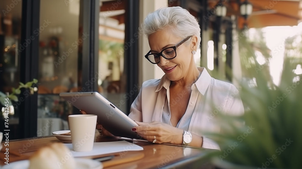 good-looking woman over 50 sitting in a café or on a terrace and reading on a tablet while drinking a coffee good-looking woman over 50 sitting in a café or on a terrace and reading on a tablet while drinking a coffee