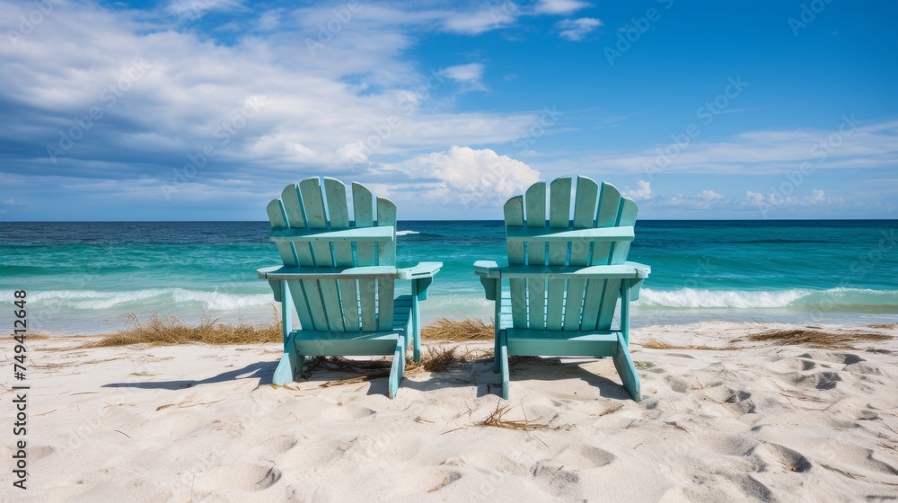 Serene beach scene with empty lounge chairs by ocean, copy space, relaxation vacation concept