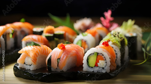 Sushi is a traditional Japanese food that consists of salmon and seaweed wrapped around rice, carefully arranged in beautiful colors, authentic Japanese dining setting photo