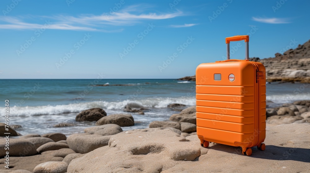 Vibrant modern suitcase with wheels on beach - travel tourism adventure relaxation