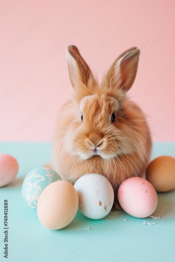 Easter bunny with Easter eggs. Pastel pink and green background. Easter bunny with Easter eggs. Pastel pink and green background.