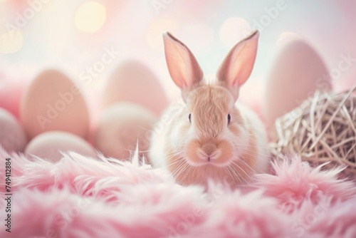 Easter bunny with Easter eggs on a pink fur. Bokeh light pink  background.