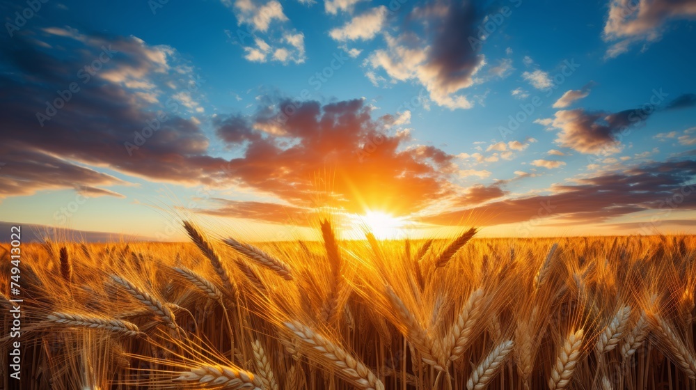 Beautiful sunrise over abundant wheat field, tranquil rural agricultural landscape with scenic sky
