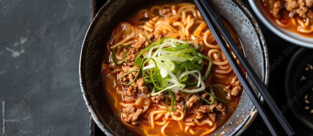 A bowl filled with Asian-style pork kimchi soup and Korean udon ramen noodles is shown, topped with savory meat slices. A pair of chopsticks rests on the bowl, ready for use. A bowl filled with Asian-style pork kimchi soup and Korean udon ramen noodles is shown, topped with savory meat slices. A pair of chopsticks rests on the bowl, ready for use.