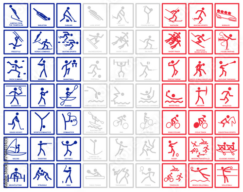 Badges of all kinds of Olympic sports. Olympic sport in the colors of the French flag. Sport icons set.