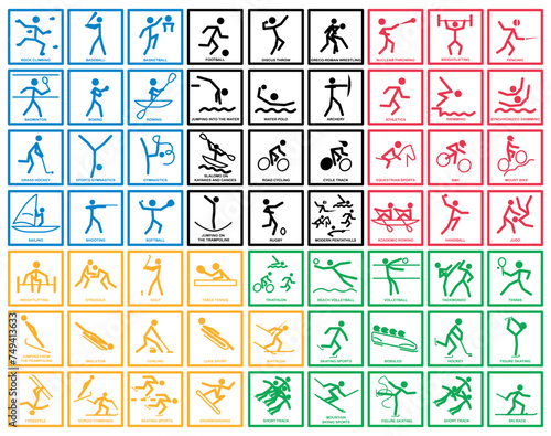 Badges of all kinds of Olympic sports. Olympic sport in Olympic colors. Sport icons set.