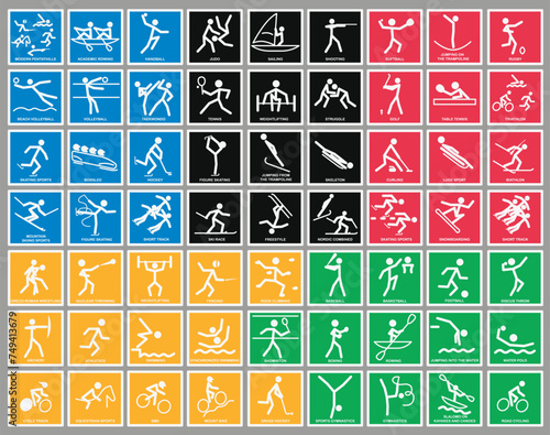 Olympic sport in Olympic colors. Sport icons set. Badges of all kinds of Olympic sports.