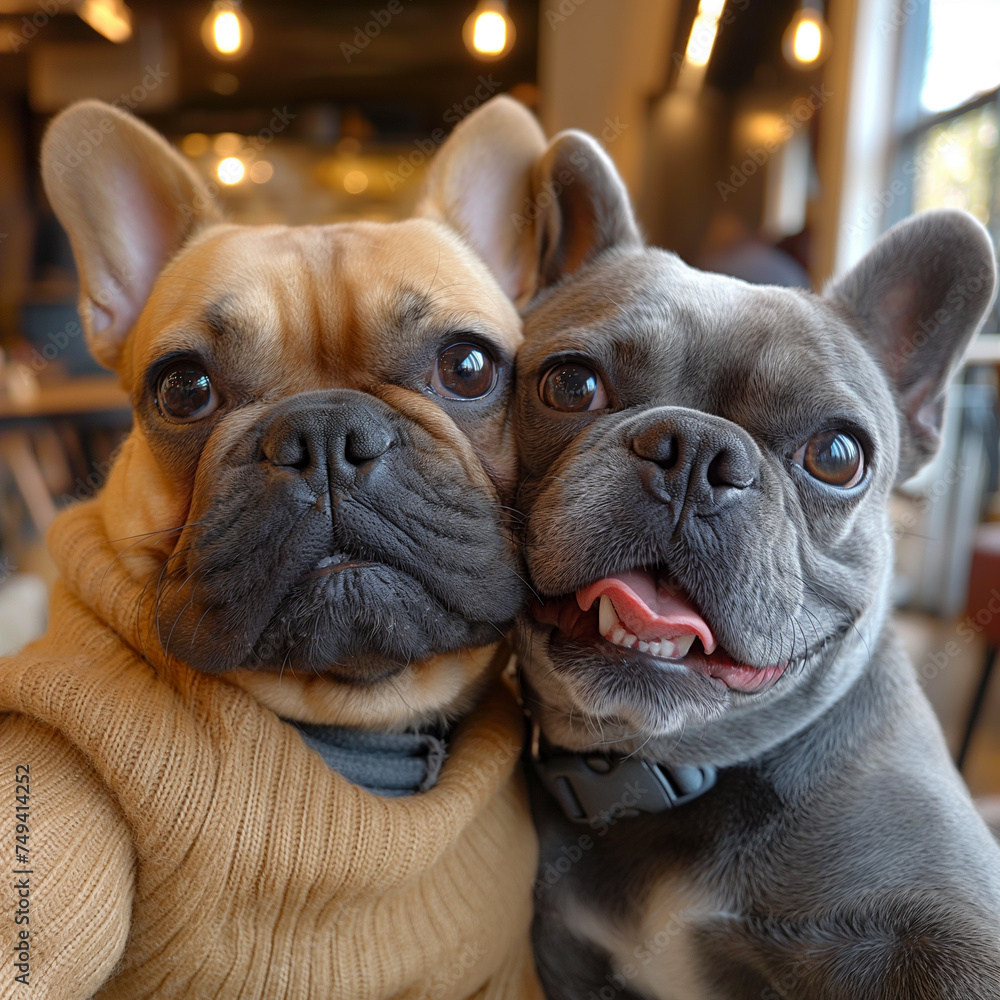 Fototapeta premium Two French Bulldogs Taking a Selfie