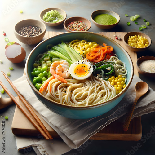 A bowl of homemade raw noodles for ramen with colorful toppings and chopsticks  pasta  food  spaghetti  sauce  illustration  Ai generated 