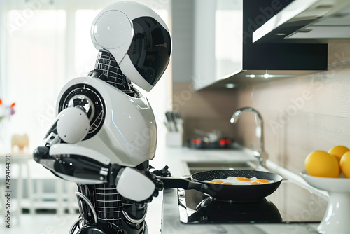 A humanoid robot is frying eggs in a frying pan. photo