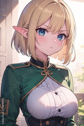 Femme elfe en uniforme avec un regard de suspicion