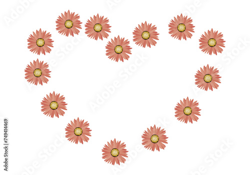 Corazón hecho de flores de pétalos naranjas sobre fondo blanco.