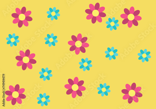 Fondo amarillo con patrón de flores rojas y azules. 