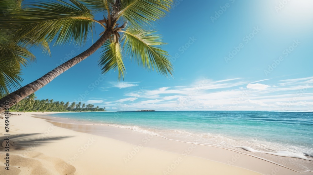 Tropical beach with palm trees and serene lagoon, high-quality scenery for relaxation Tropical beach with palm trees and serene lagoon, high-quality scenery for relaxation