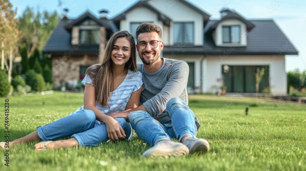 Happy young couple sitting on green grass yard in front of new home on background, New house, Real estate concept.