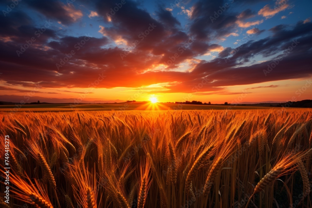 Stunning sunrise scenery over a vast, golden wheat field in the peaceful countryside