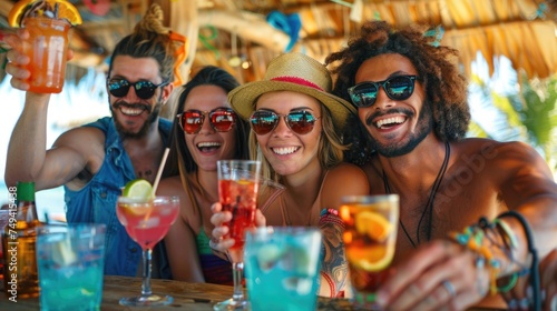 Happy multiracial friends cheering cocktail glasses together at beach party. Youth lifestyle and summertime vacations concept.