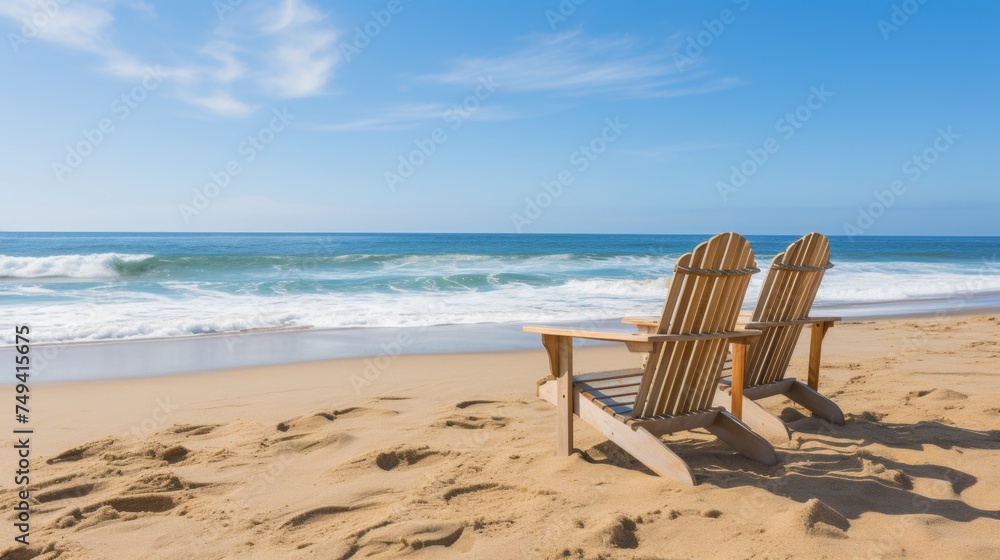 Tranquil beach scene. empty lounge chairs overlooking the serene beauty of the ocean