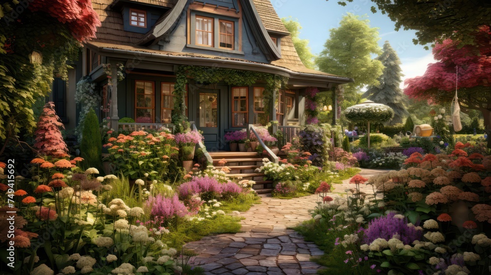 the charm of a quaint Cottage-style home amidst a blooming garden, evoking a cozy and inviting atmosphere