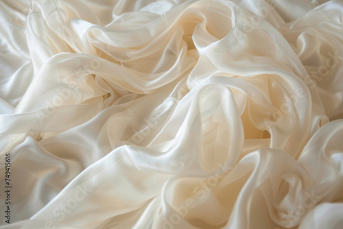 Close-up of white fabric with delicate folds, draped on a smooth surface