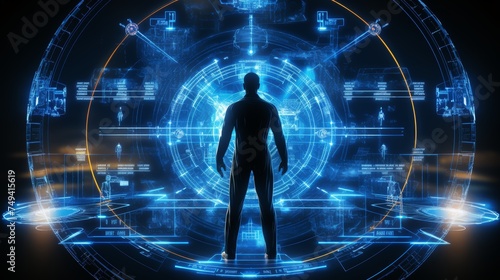 Human standing at the helm of a sophisticated cybernetic command center