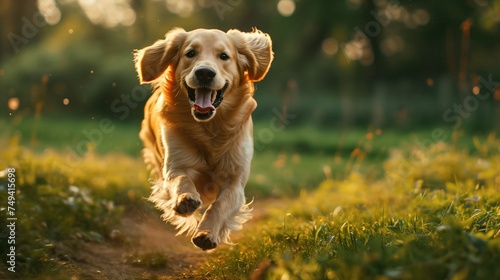 Running dog in garden, Happy dog playing in spring park, generative ai