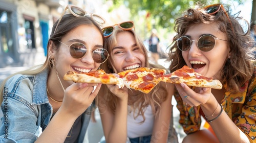 Happy young female friends enjoying and eating pizza on city street, Happy lifestyle and tourism concept.