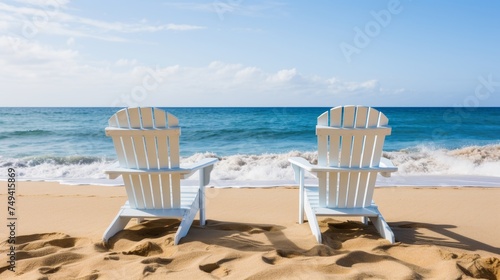 Tranquil beach scene with two empty lounge chairs by the ocean  ideal for relaxing and unwinding