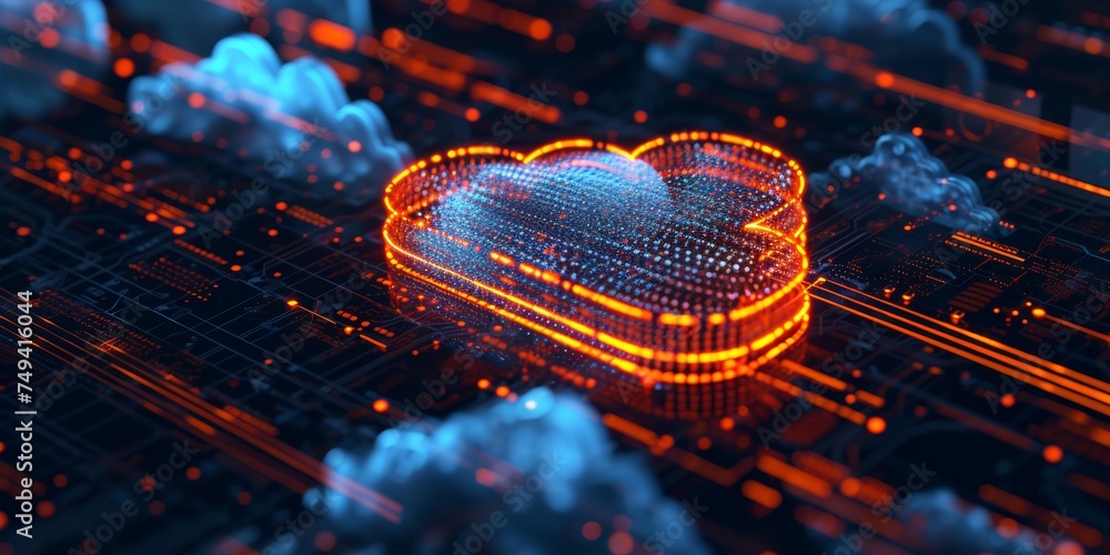 Futuristic glowing digital cloud on a circuit board background, ideal for themes like technology in cloud datacenter and server Futuristic glowing digital cloud on a circuit board background, ideal for themes like technology in cloud datacenter and server