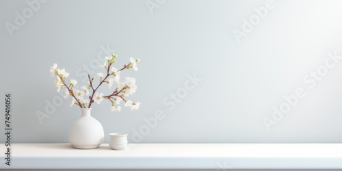 A serene image featuring a white vase with blooming branches next to a white cup on a crisp, light background, ideal for spring-related themes or modern home decor.