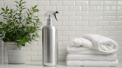 A minimalist bathroom scene showcasing a sleek, refillable aluminum bottle labeled as an all-purpose eco cleaner,