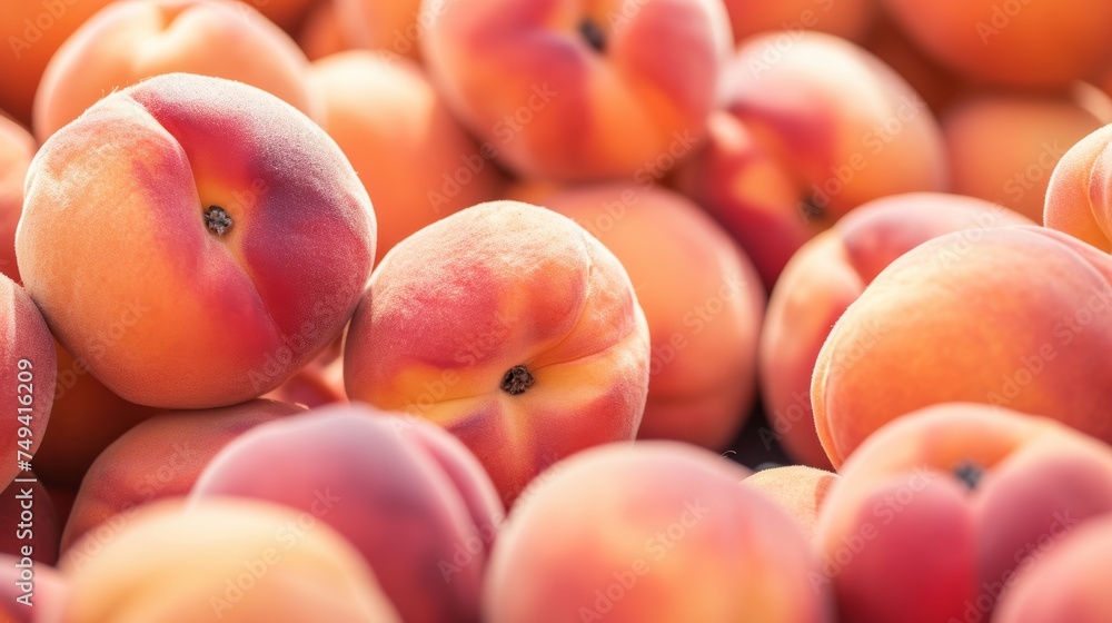Close-up of ripe peaches with a warm color palette, conveying freshness and summer abundance, suitable for food-related themes. Close-up of ripe peaches with a warm color palette, conveying freshness and summer abundance, suitable for food-related themes.