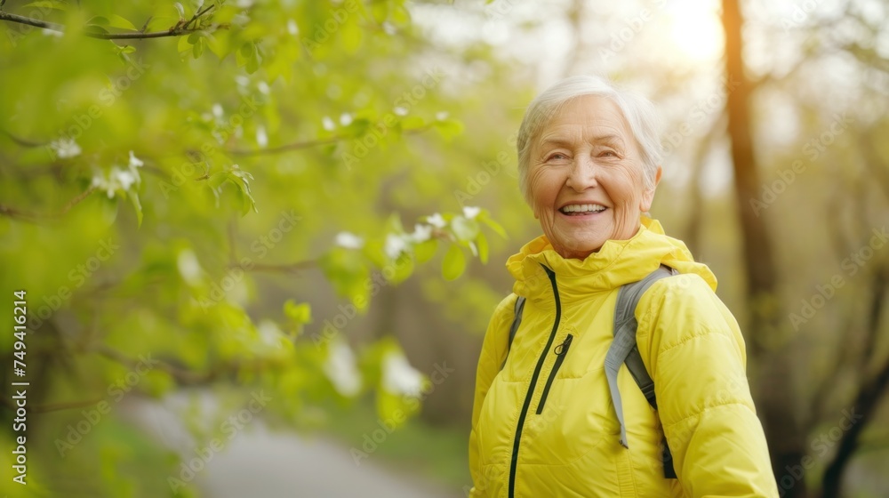 senior lady in a yellow jacket smiles brightly as she exercises on a path framed by spring trees senior lady in a yellow jacket smiles brightly as she exercises on a path framed by spring trees